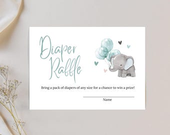 Tarjeta de rifa de pañales para baby shower con elefante, inserto de juego de rifa con globo azul para baby shower, invitación de safari con elefante para bebé niño imprimible 2912