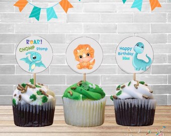Adornos para cupcakes de dinosaurios, descarga instantánea de dinosaurios para cumpleaños, adornos digitales editables para cupcakes de fiesta de dinosaurios, fiesta de dinosaurios imprimible