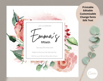 50. Geburtstagseinladungsvorlage, creme und rosa Geburtstagseinladung, Blumen, bearbeitbar, druckbare DIY-Vorlagen, INSTANT DOWNLOAD # 20