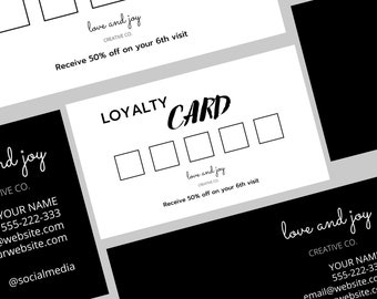 Minimalist White and Black Loyalty Card Template, Loyalty Card, Editable, Printable, DIY Loyalty or Discount template #04
