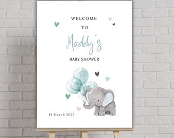 Letrero de bienvenida de elefante editable para baby shower, póster de bienvenida con globo azul, plantilla imprimible de letrero de safari de elefante para bebé niño (2912)