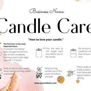 Candle Care Card Template, General Care Card, Watercolor Gold, Look after your candle, Editable, Printable, DIY template - 15131 image 2