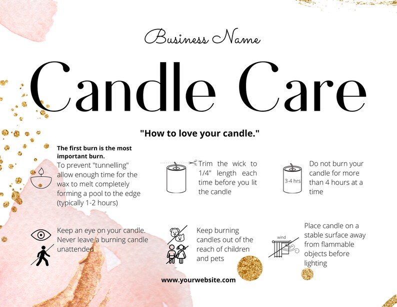 Candle Care Card Template, General Care Card, Watercolor Gold, Look after your candle, Editable, Printable, DIY template - 15131 image 2