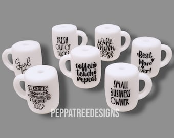 Coffee Cup Silicone Beads with 7 different sayings | White Focal Beads | AU Supplier | Coffee Cup Mini Mugs Bottle Bead Teacher Nurse