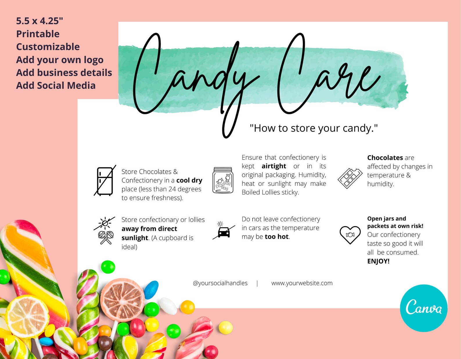 Editable Candy Care Card, DIY Care Card Inserts, Lolly Care Template
