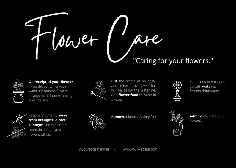Flower Care Card Template, Care DIY Card, Flower Care Guide, Flower