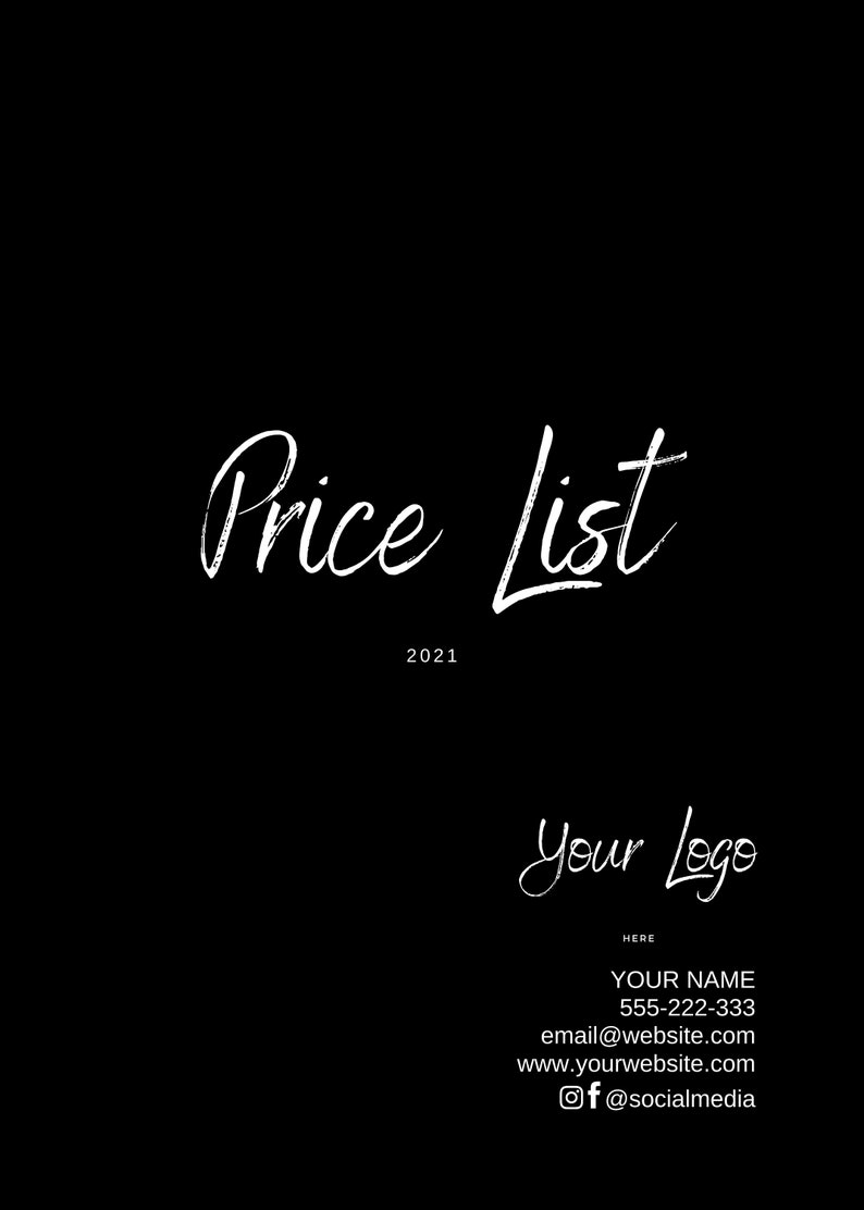 Minimalist Black With White Price List Template, 5 X 7 Price List, Editable, Printable, DIY