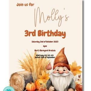 Fall Gnome Watercolor Birthday Invitation Template, Editable Template, Corjl Download #3201