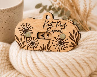Row Counter | Knit Purl Repeat Wildflowers | Handy Tracker for Knitting & Crochet | Birch Wood, Laser Engraved | Knitter Gift Idea