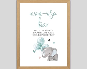 Letrero de barra de Momosa para baby shower con elefante, letrero de Momosa con globo azul para baby shower, letrero imprimible de Safari con elefante y mimosa para bebé niño (2912)