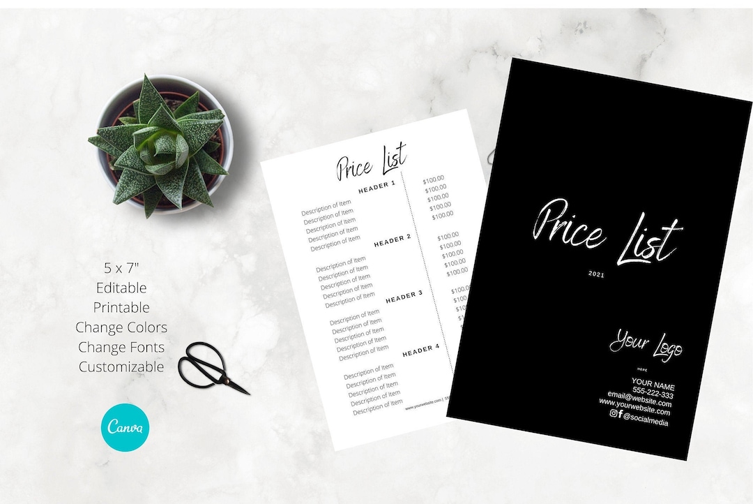 Minimalist Black With White Price List Template, 5 X 7 Price List, Editable, Printable, DIY