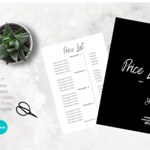 Minimalist Black with White Price List Template, 5 x 7&quot; Price List, Editable, Printable, DIY Price List template, INSTANT DOWNLOAD #0501