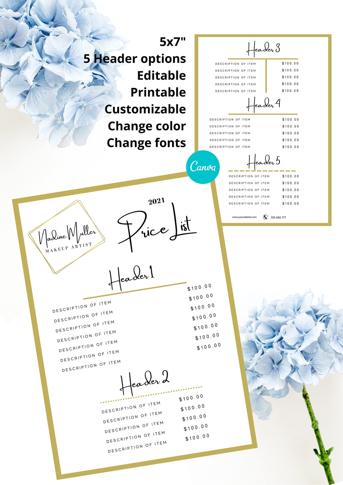 Beauty Salon Price List Template, 5 X 7 Price List, Editable, Printable