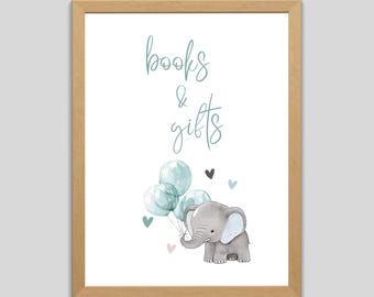 Libros y regalos para baby shower de elefantes, letrero de mesa con globos azules para baby shower, letrero imprimible de safari con elefantes para bebé niño (2912)