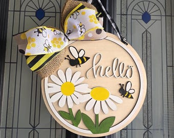 Cabide de porta de boas-vindas com abelhas e margaridas da primavera - Kit inacabado