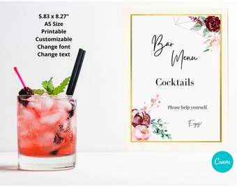 Burgundy Pink Flower Gold Cocktail Bar Sign Template, A5 Small Sign, Editable, Printable, DIY templates, INSTANT DOWNLOAD #08