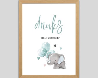 Letrero de bebidas para baby shower con elefante, letrero de globo azul para estación de bebidas, letrero imprimible de mesa de safari con elefante para bebé niño (2912)