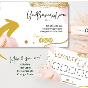 Modelos de cartão de fidelidade, cartão de desconto, editável, personalizável, respingo de aquarela dourado pêssego, para impressão, DOWNLOAD INSTANTÂNEO 15131