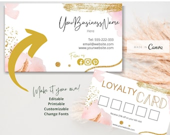 Treuekartenvorlagen, Rabattkarte, bearbeitbar, anpassbar, Pfirsich-Gold-Aquarell-Platsch, bedruckbar, INSTANT DOWNLOAD 15131