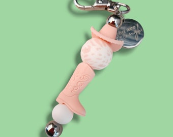 Pink Cowboy Boot and Hat with Charm "You are enough" Beaded Bar Keychain | Cowprint Keyring