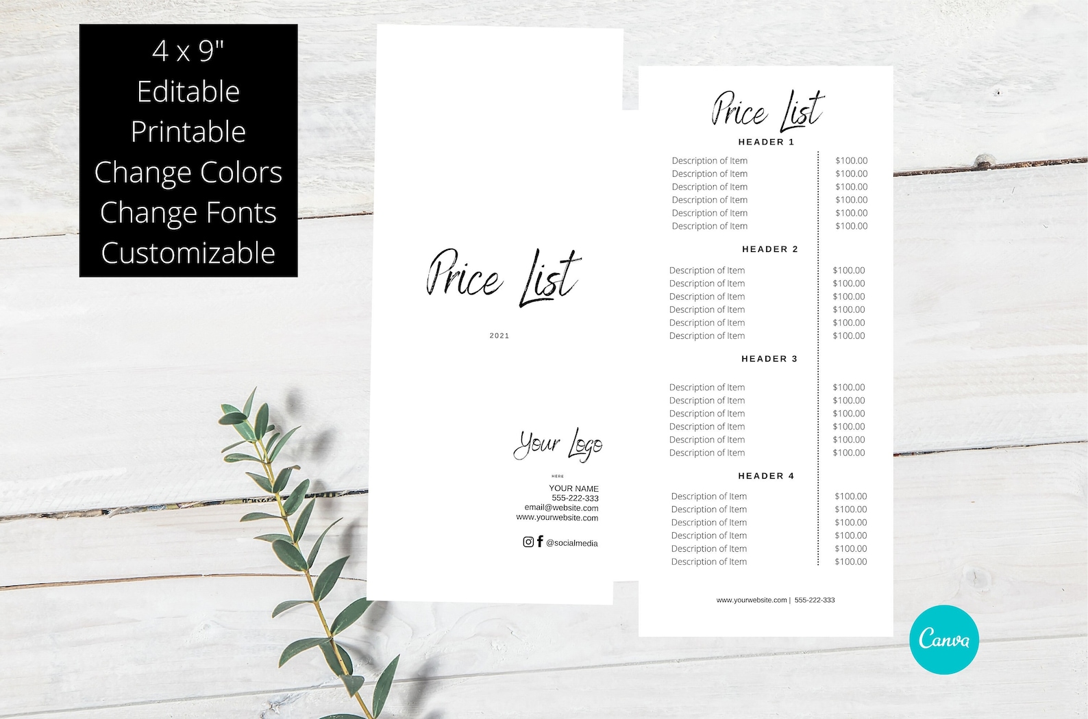 Minimalist White With Black Price List Template 4 X 9 Etsy