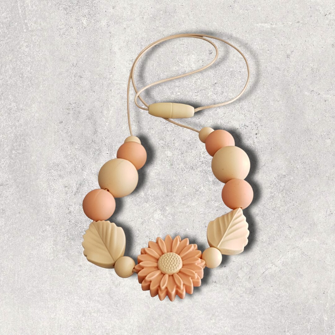 Daisy and Leaf Silicone Bead Necklace in Cream Peach Handmade Necklace