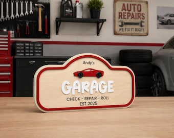 Gepersonaliseerde garagebord | Aangepaste naam garagedecor voor kinderen | Bord autokamer | Houten garageplaat | Wandbord raceauto kinderkamerdecoratie speelkamer