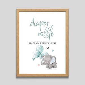 Diaper Raffle Sign Elephant Baby Shower, Blue Balloon Baby Shower Diaper Game Sign, Baby Boy Elephant Safari Sign Printable Template 2912
