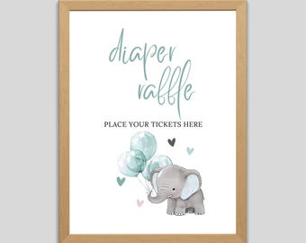 Letrero de rifa de pañales para baby shower con elefante, letrero de juego de pañales con globo azul para baby shower, letrero de safari con elefante para bebé niño, plantilla imprimible 2912