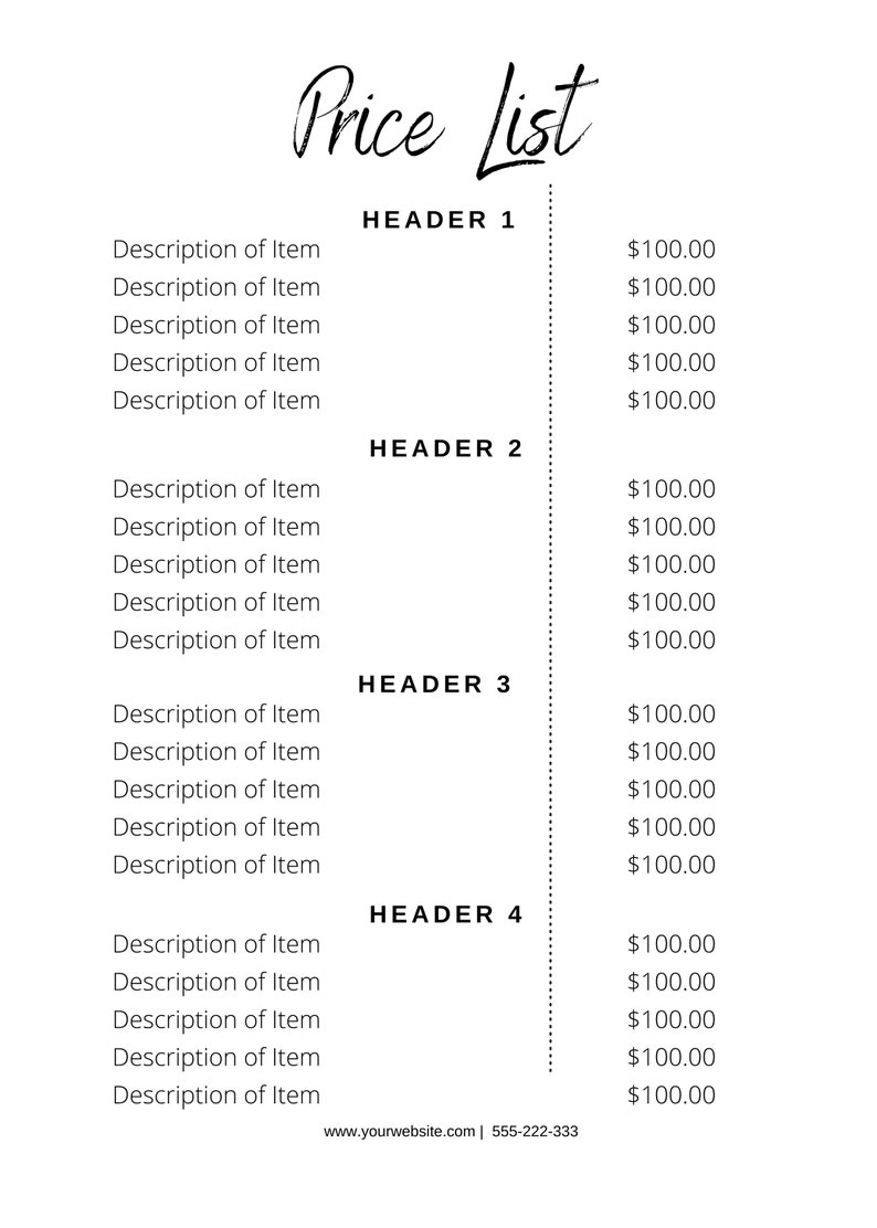 Minimalist Black With White Price List Template, 5 X 7 Price List, Editable, Printable, DIY