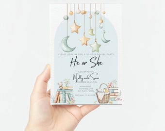 Plantilla de invitación para revelar el género de él o ella, estilo bohemio, invitación para baby shower con el género de él o ella, libros y ositos de peluche bohemios, descarga instantánea editable de 5 x 7 pulgadas