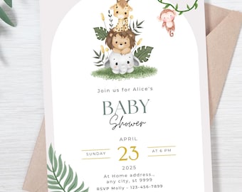 Invitación para baby shower de animales, editable, de safari, con género neutro, descarga instantánea, acuarela, personalizada