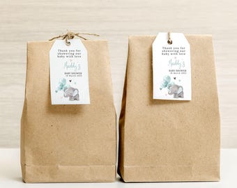 Etiquetas de agradecimiento editables para baby shower de elefante, etiquetas de regalo para baby shower de niño con tema de elefante floral, imprimibles 2912