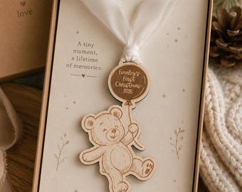 Personalized Teddy Bear Mirror Ornament | First Christmas Ornament | Baby Shower gift