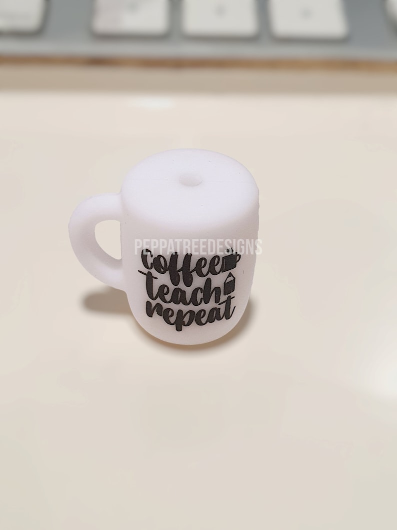 Coffee Cup Silicone Beads With 7 Different Sayings White Focal Beads AU