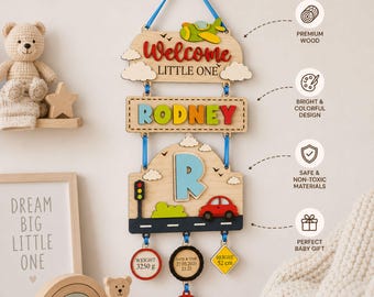 Personalised  Wooden Birth Announcement Sign | Custom Baby Name Plaque | Nursery Wall Decor | Car Plane Newborn Keepsake Gift