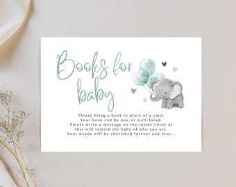 Libros de baby shower con elefantes, tarjeta de inserción, libros de baby shower con globos azules, invitación de safari con elefante para bebé niño (imprimible, 2912)