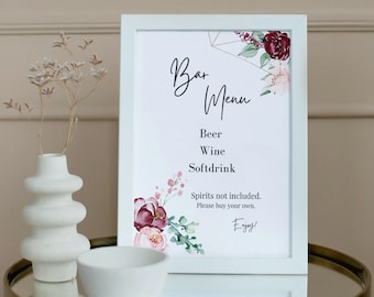 Burgundy Pink Flower Gold Bar Menu Sign Template, A5 Small Sign, Editable, Printable, DIY templates, INSTANT DOWNLOAD #08