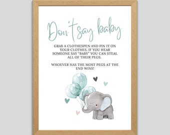 Señal de "No digas bebé" para baby shower con elefante, señal de "No digas bebé" con globo azul para baby shower, elefante imprimible de safari para bebé niño 2912