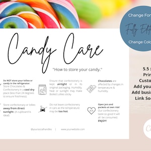 Tarjeta de cuidado de polo editable, plantilla de cuidado de dulces imprimible, guía de cuidado de dulces blancos y negros, instrucciones de cuidado de confitería, descarga instantánea