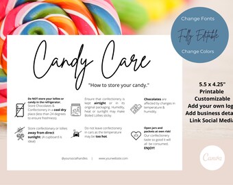 Editable Lolly Care Card, Printable Candy Care Template, Black White Sweets Care Guide, Confectionary Care Instructions, Instant Download