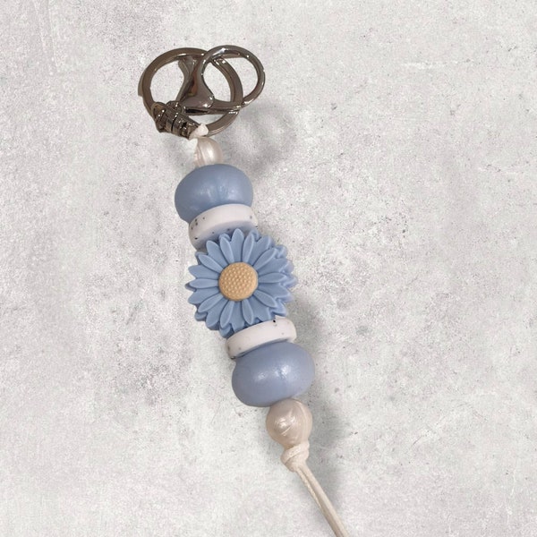 Daisy Silicone Beaded Keyring | "Pearl Blue" Collection | Bag Tag Keyring Lanyard | Custom Design | Various Styles