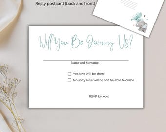 Tarjeta de respuesta para baby shower con elefante, inserto de RSVP con globo azul, invitación de safari con elefante para bebé niño, editable e imprimible (2912)