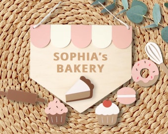 Play Scene Custom Wooden “Name’s Bakery” Playroom Sign | Bakery Cupcake Kids Play Scene