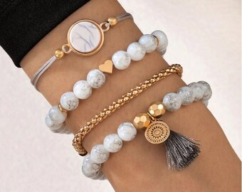 Bohemian Gold Bead Grey Tassel and Grey Natural Stone Bead Bracelet Set | Chic Tropical Style Set | Boho Style
