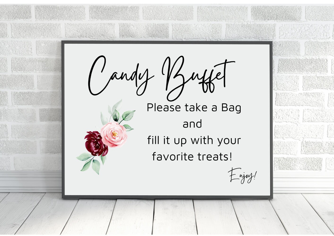 Candy Bar Sign Template, A5 Small Sign, Editable, Printable, DIY templates, INSTANT DOWNLOAD, Burgundy Pink Gold Flower #08