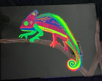 16” x 12” hand painted blacklight chameleon sealed in epoxy resin