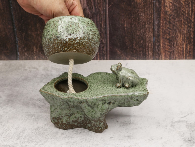 Self-watering Pot Set With Plant Buddy Frog Figurine and Cotton Wick Cord, Patina Glaze Ceramic Planter image 3