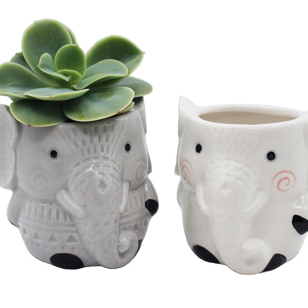 Animal Planter Elephant Decor 2 Pack Succulent Pots Ceramic Cactus Flower Pots with Drainage Hole, Home Office Kitchen Décor