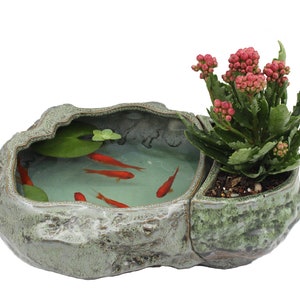 Premium 2-in-1 Aqua Planter Pot Bonsai Lotus Pot, Succulent Planter, Ceramic with Decorative Patina Glaze, Goldfish Pot